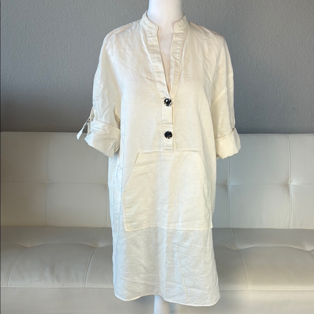 Zara Off-White Tunic Top with Button Detail & Kangaroo Pocket - Oversized Small